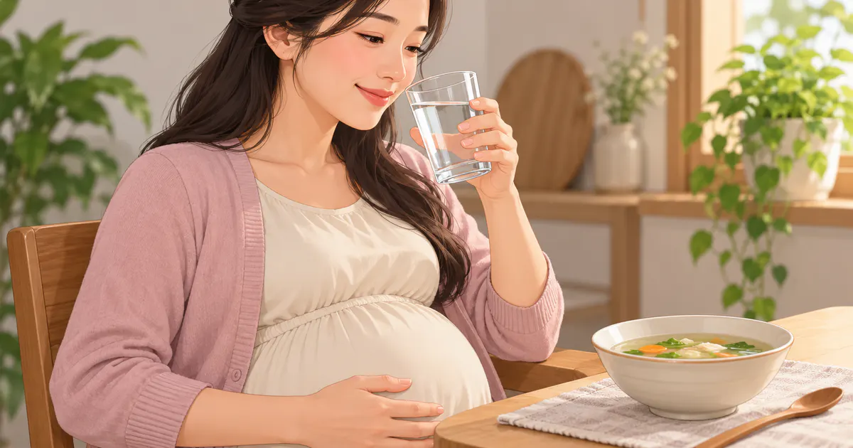 Minh họa mẹ bầu bổ sung nước và nước canh để hạn chế mất nước