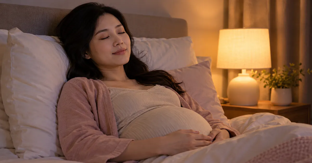 Thai phụ thư giãn trong ánh sáng dịu trước giờ đi ngủ