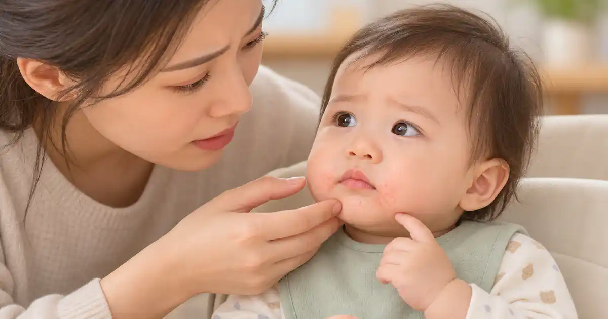 Minh họa dấu hiệu kích ứng hoặc dị ứng nhẹ quanh miệng của bé ăn dặm