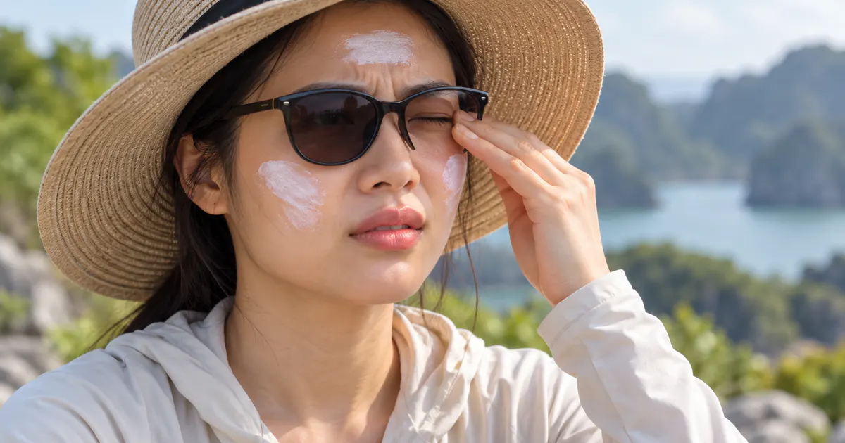 Dùng kính râm và mũ để bảo vệ vùng mắt khi chống nắng