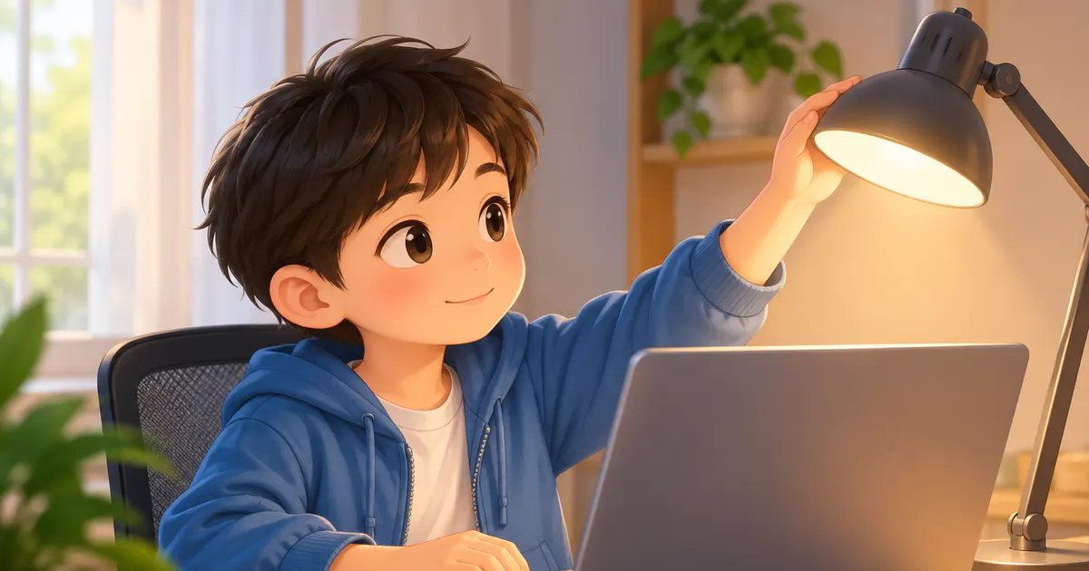 Minh họa trẻ điều chỉnh đèn bên cạnh màn hình để giảm chói mắt