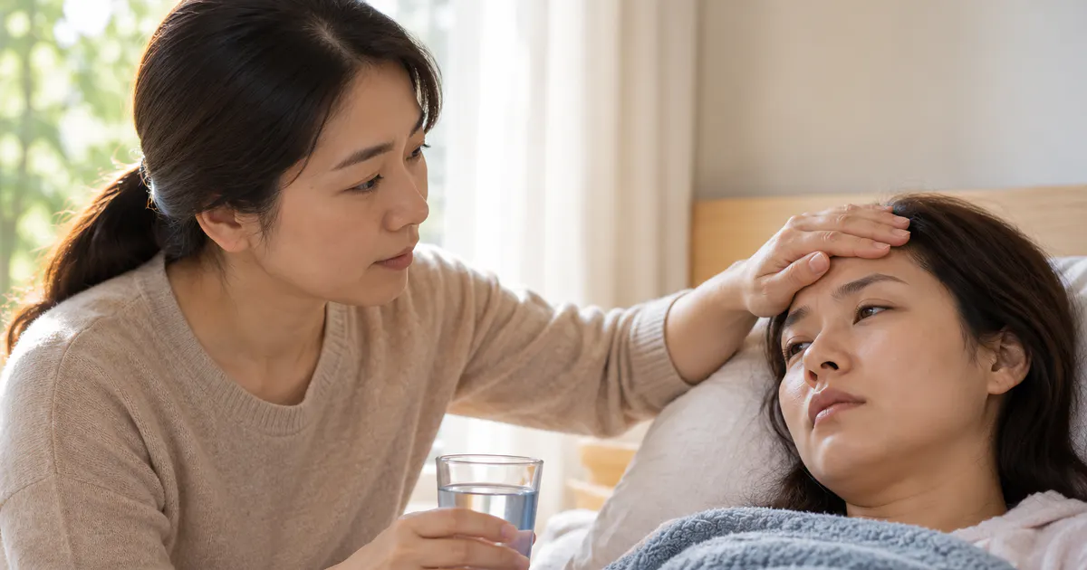 Gia đình thực hiện cách chăm sóc người bị sốt tại nhà bằng cách cho người bệnh nghỉ ngơi và uống nước
