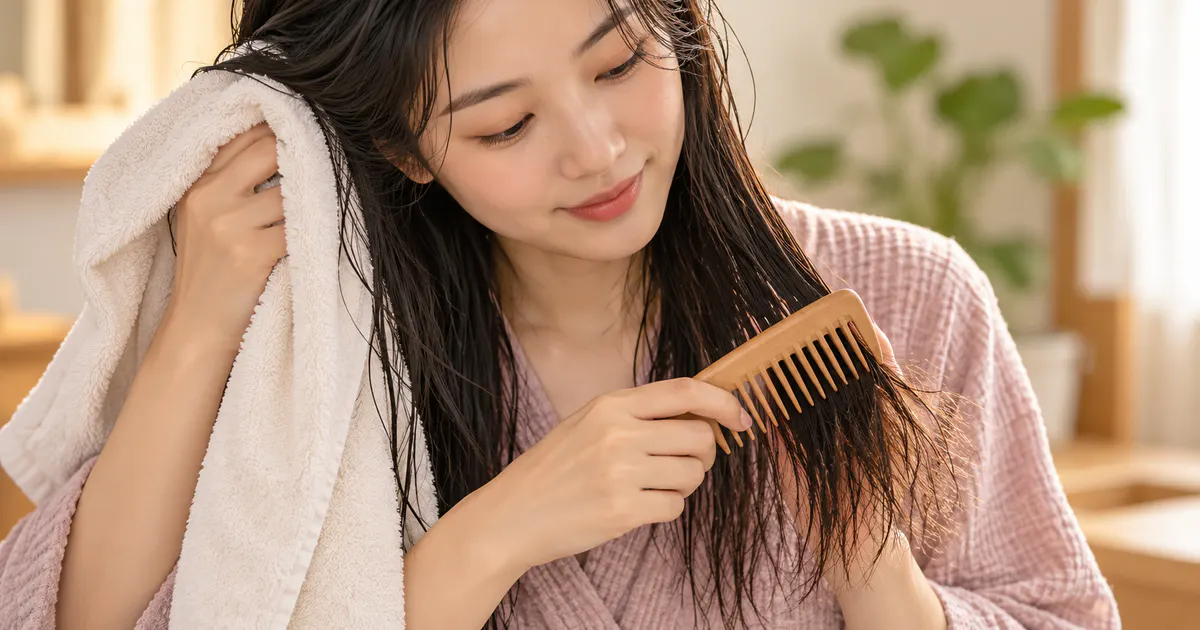 Minh họa cách thấm khô và gỡ rối tóc nhẹ nhàng sau khi gội