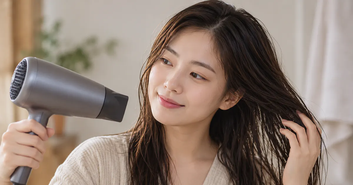 Người phụ nữ sấy tóc ở khoảng cách an toàn để giảm hư tổn do nhiệt