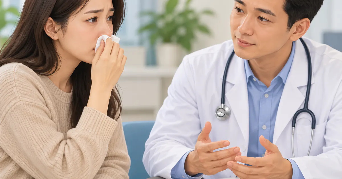 Người bệnh trao đổi với nhân viên y tế về triệu chứng viêm mũi dị ứng