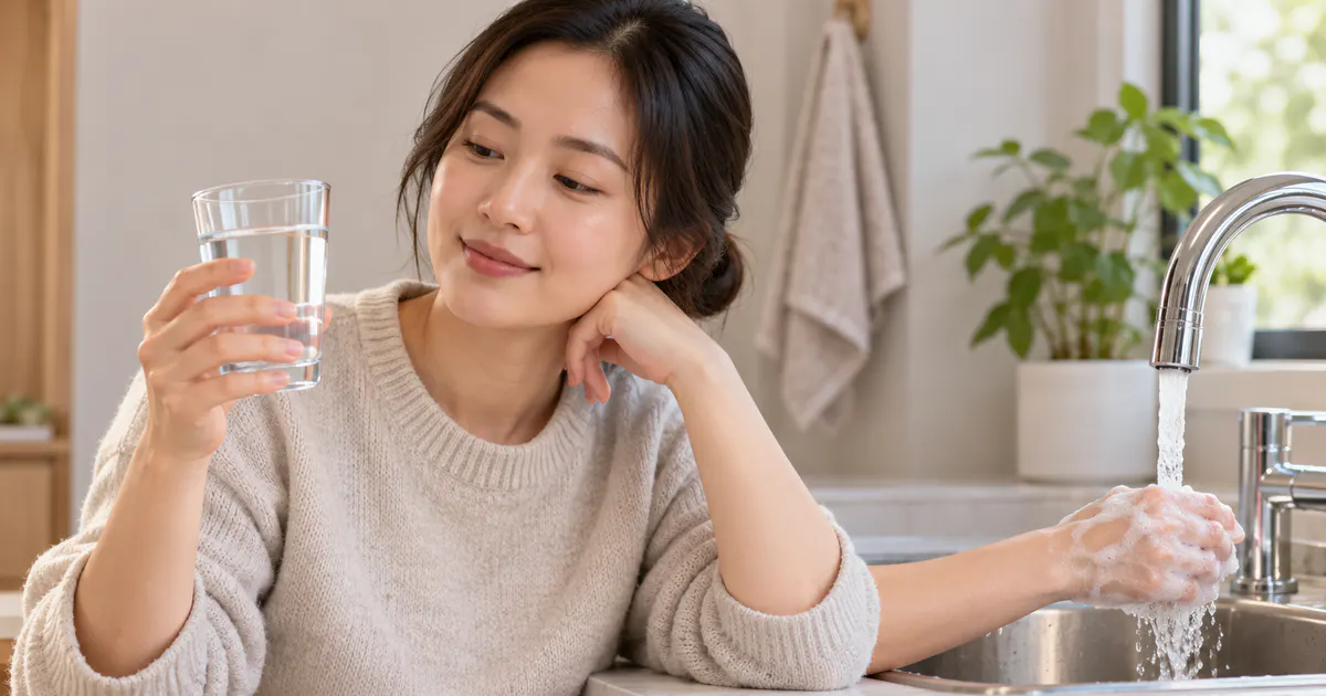 Minh họa người lớn nghỉ ngơi, uống nước và giữ vệ sinh tay để theo dõi tiêu chảy