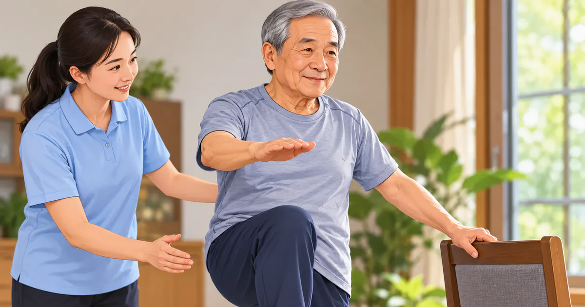 Người cao tuổi luyện thăng bằng an toàn cạnh ghế chắc chắn