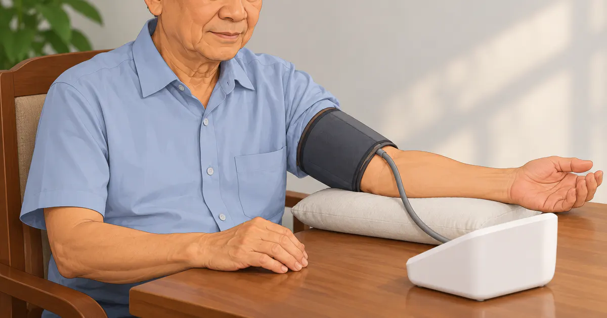 Minh họa tư thế ngồi và vị trí vòng bít khi đo huyết áp tại nhà