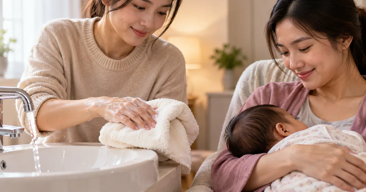 Vệ sinh tay và chăm sóc nhẹ nhàng vùng da tổn thương ở mẹ cho con bú