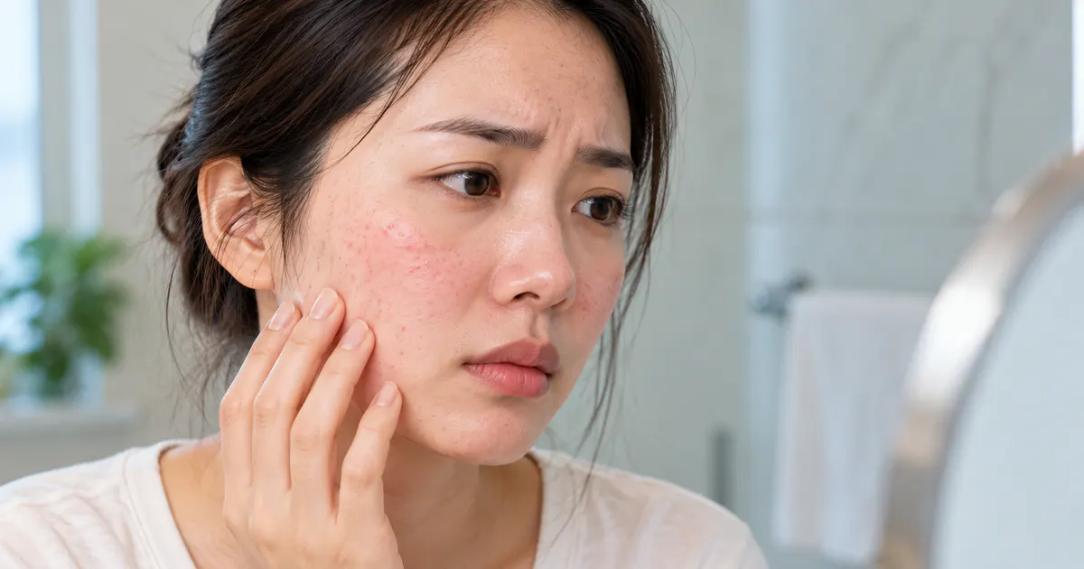 Da mặt nổi mẩn sau khi đắp mặt nạ với vùng da đỏ và sần nhẹ
