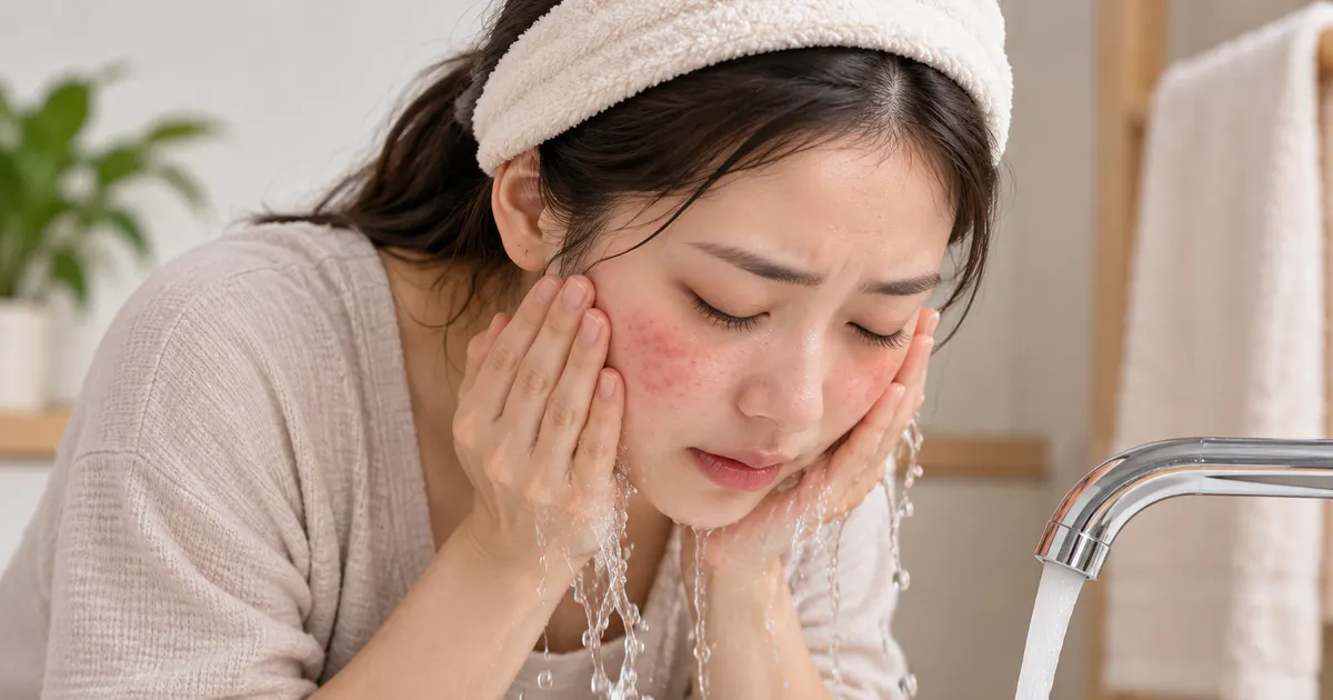 Minh họa rửa mặt nhẹ nhàng khi da phản ứng sau khi đắp mặt nạ