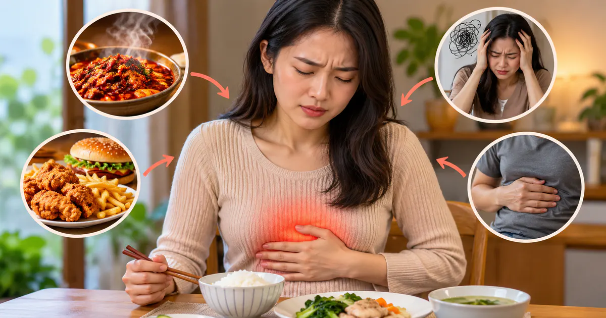 Minh họa các yếu tố ăn uống và tư thế liên quan đau dạ dày trào ngược
