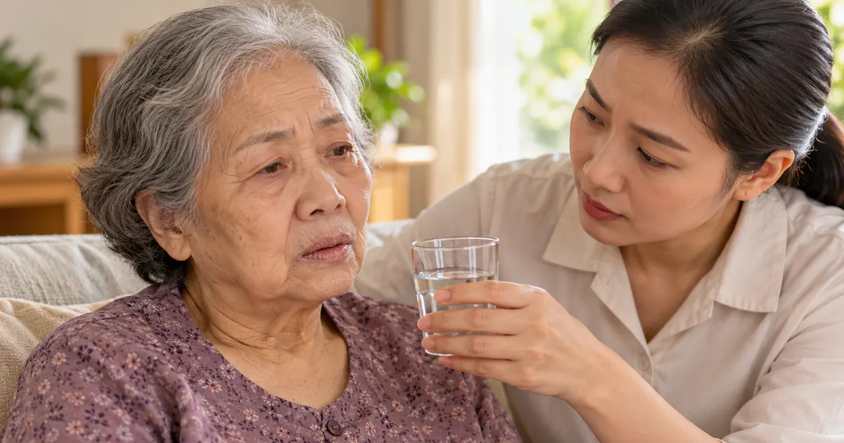 Người chăm sóc quan sát dấu hiệu mất nước ở người lớn tuổi và đưa cốc nước từng ngụm nhỏ