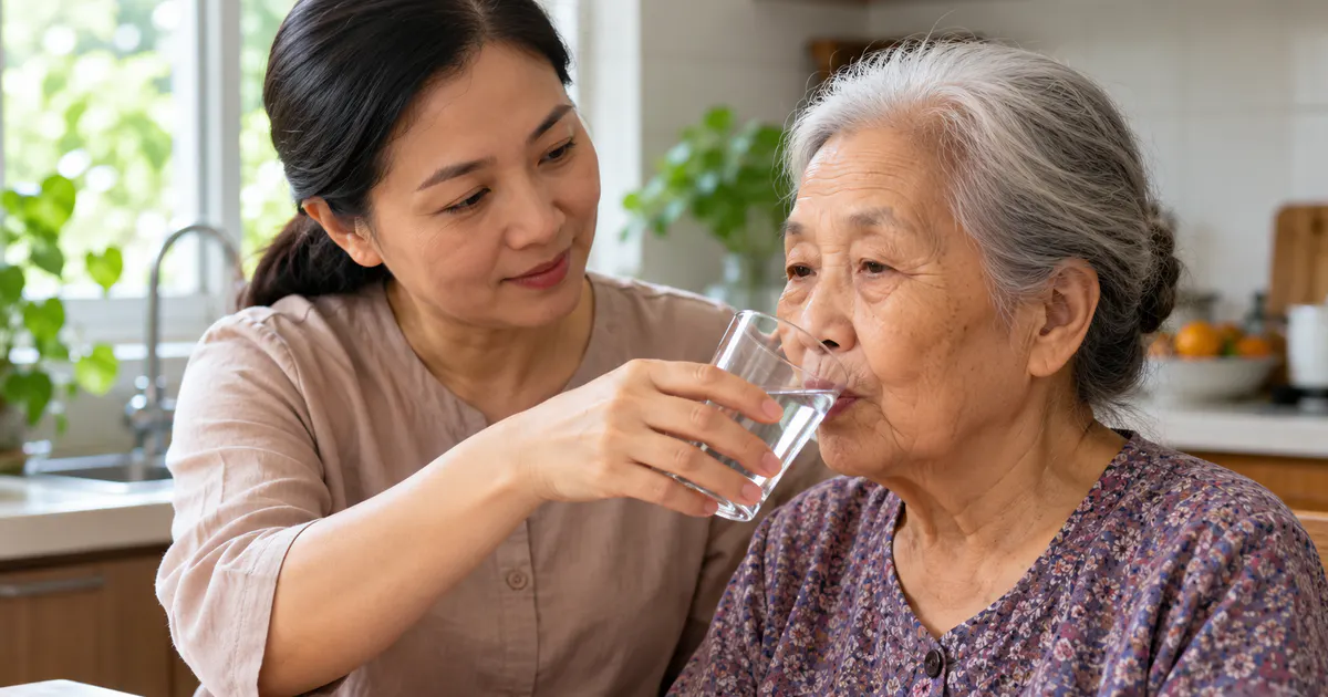 Người chăm sóc hỗ trợ người cao tuổi uống nước từng ngụm nhỏ an toàn