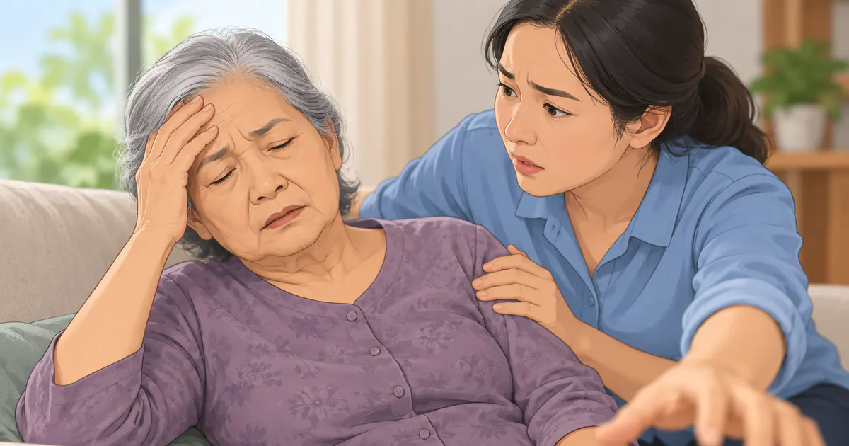 Người thân hỗ trợ người cao tuổi chóng mặt và chuẩn bị liên hệ cơ sở y tế