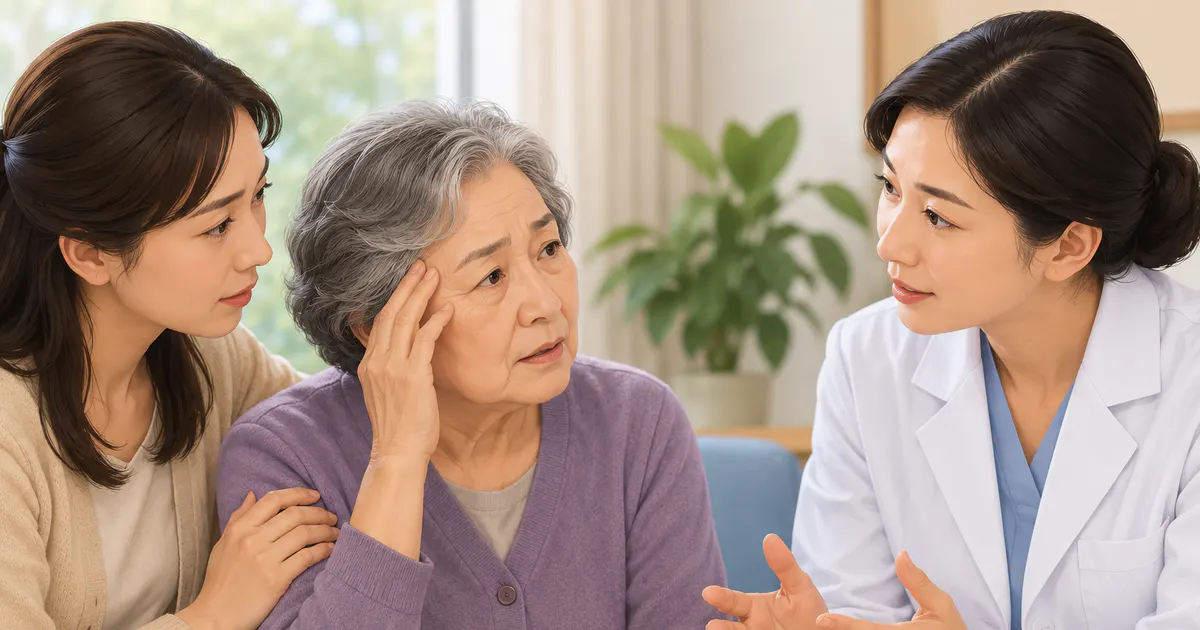 Bác sĩ trò chuyện với người cao tuổi và người thân khi đánh giá trí nhớ