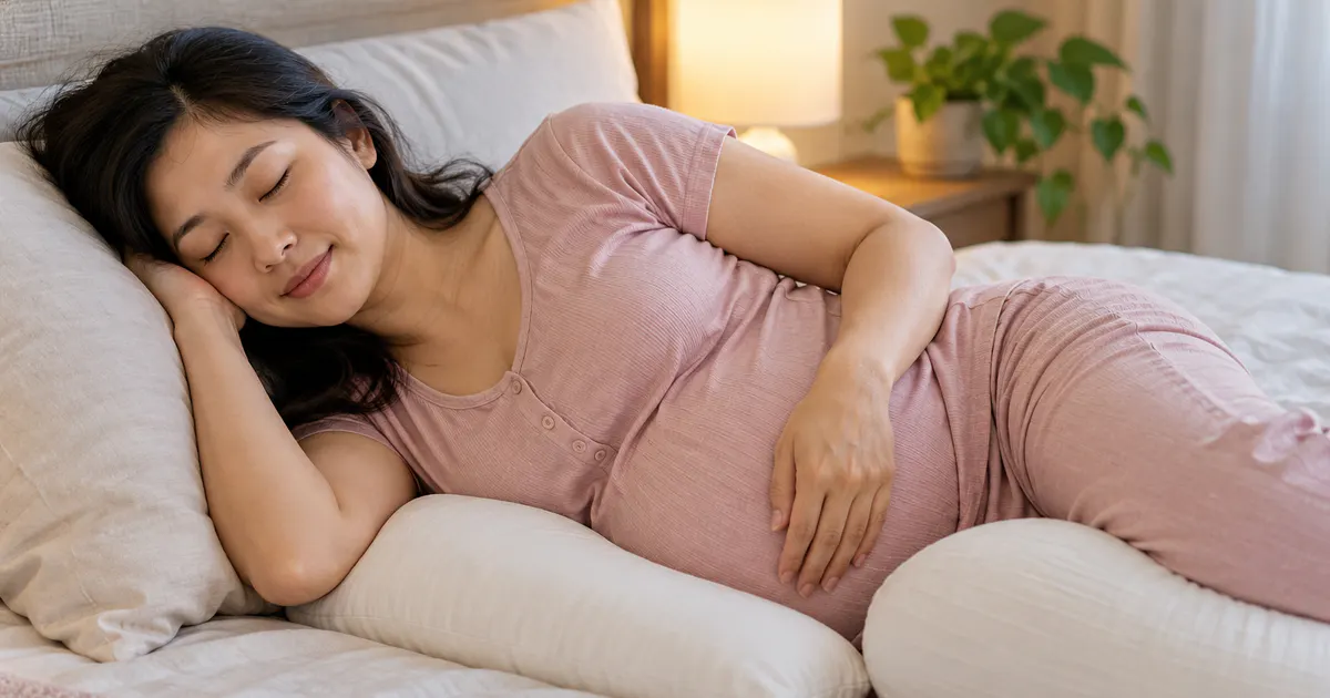 Bà bầu nằm nghiêng với gối hỗ trợ tư thế ngủ bảo vệ lưng