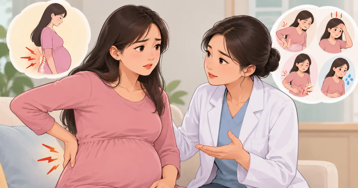 Minh họa bà bầu trao đổi với nhân viên y tế về dấu hiệu đau lưng bất thường