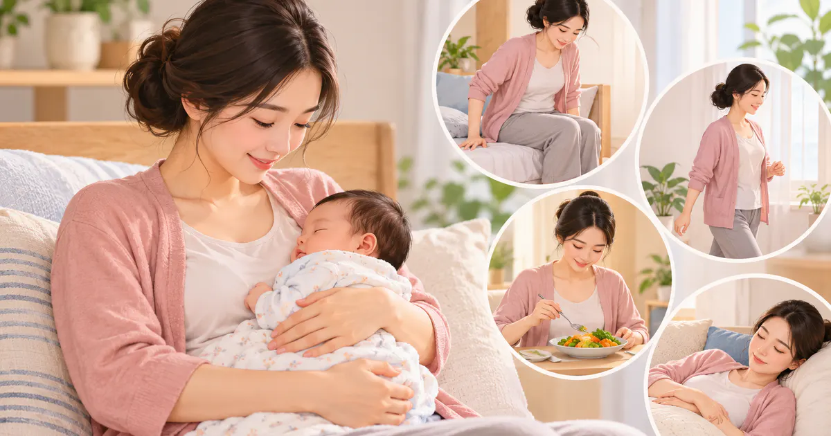 Minh họa tư thế sinh hoạt an toàn của mẹ sau sinh mổ khi chăm con