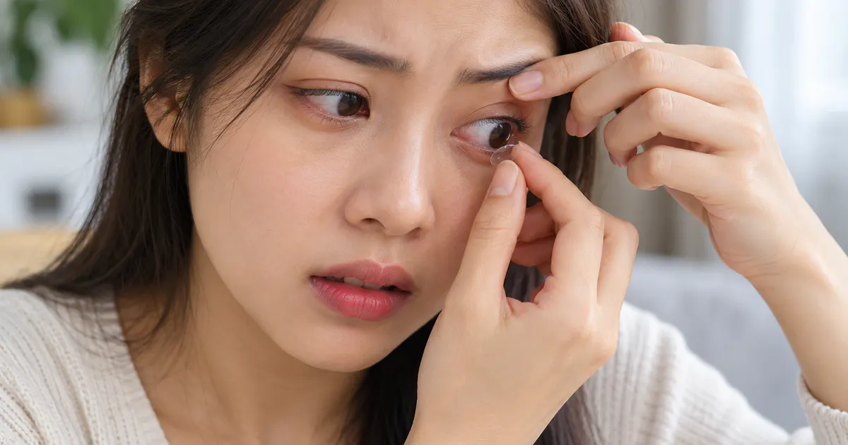 Người phụ nữ tháo kính khi đeo kính áp tròng bị cộm mắt