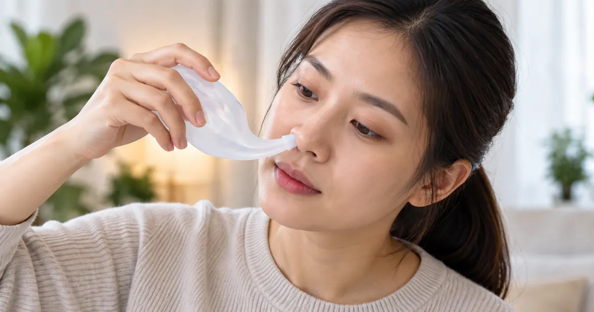 Người trưởng thành đang thực hiện điều trị bệnh viêm xoang tại nhà với rửa mũi an toàn