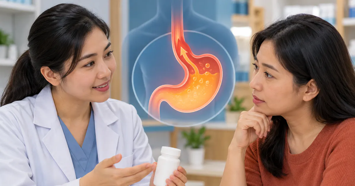 Người bệnh trao đổi với dược sĩ về thuốc không kê đơn khi bị trào ngược