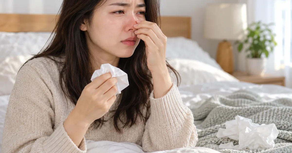 Người phụ nữ có triệu chứng điều trị viêm mũi dị ứng trong không gian sạch thoáng