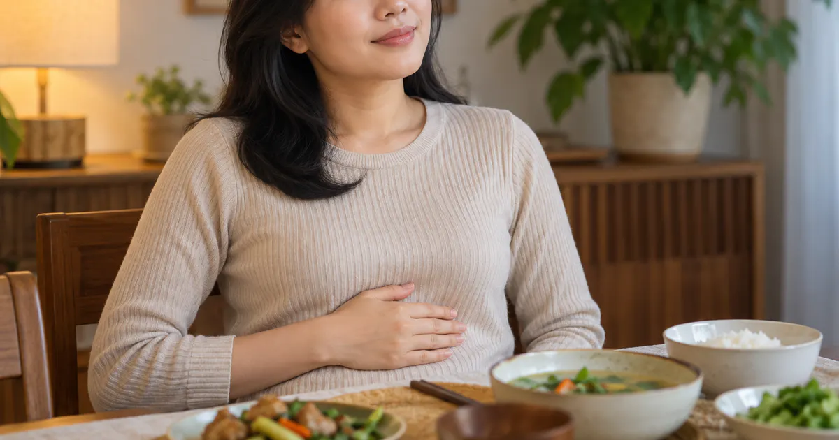 Người trưởng thành kín đáo ngồi thẳng sau bữa ăn, minh họa hội chứng trào ngược dạ dày thực quản