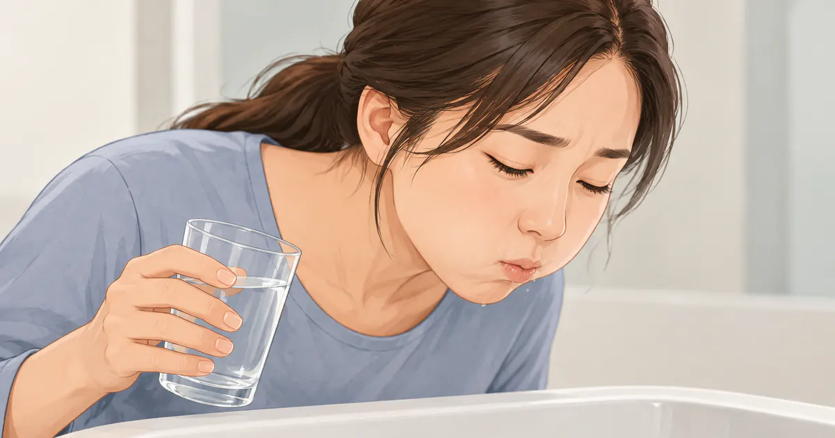 Minh họa súc miệng nhẹ bằng nước sạch để chăm sóc họng