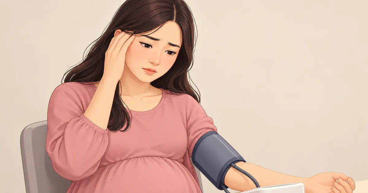 Minh họa mẹ bầu theo dõi huyết áp khi đau đầu