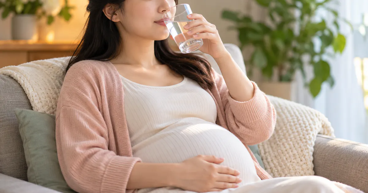 Minh họa mẹ bầu uống nước và nghỉ ngơi khi đau đầu nhẹ