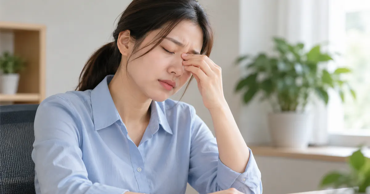 Người phụ nữ bị mắt khô khi dùng máy tính lâu đang nghỉ mắt tại bàn làm việc
