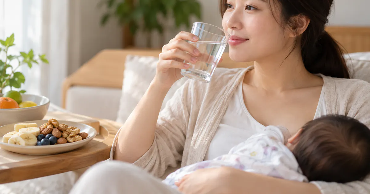 Mẹ đang cho con bú đặt cốc nước bên cạnh để chủ động bổ sung nước