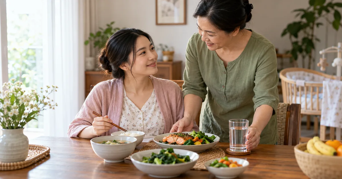Gia đình hỗ trợ mẹ sau sinh nghỉ ngơi và dùng bữa trong thời gian cho con bú