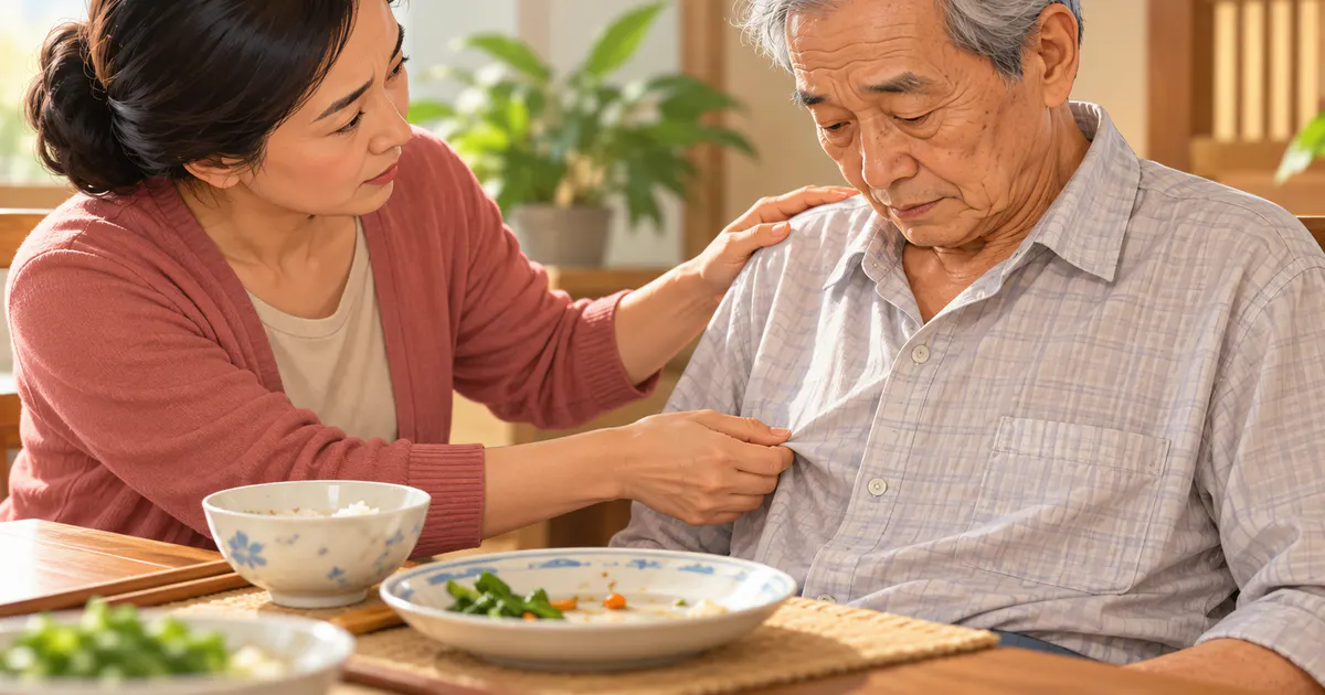 Người chăm sóc quan sát dấu hiệu sụt cân và sức khỏe của người cao tuổi