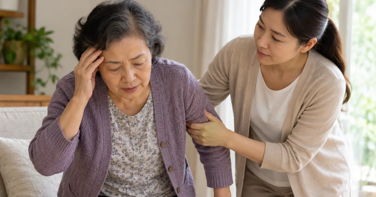 Người cao tuổi bị chóng mặt khi đứng lên được người thân hỗ trợ an toàn tại nhà