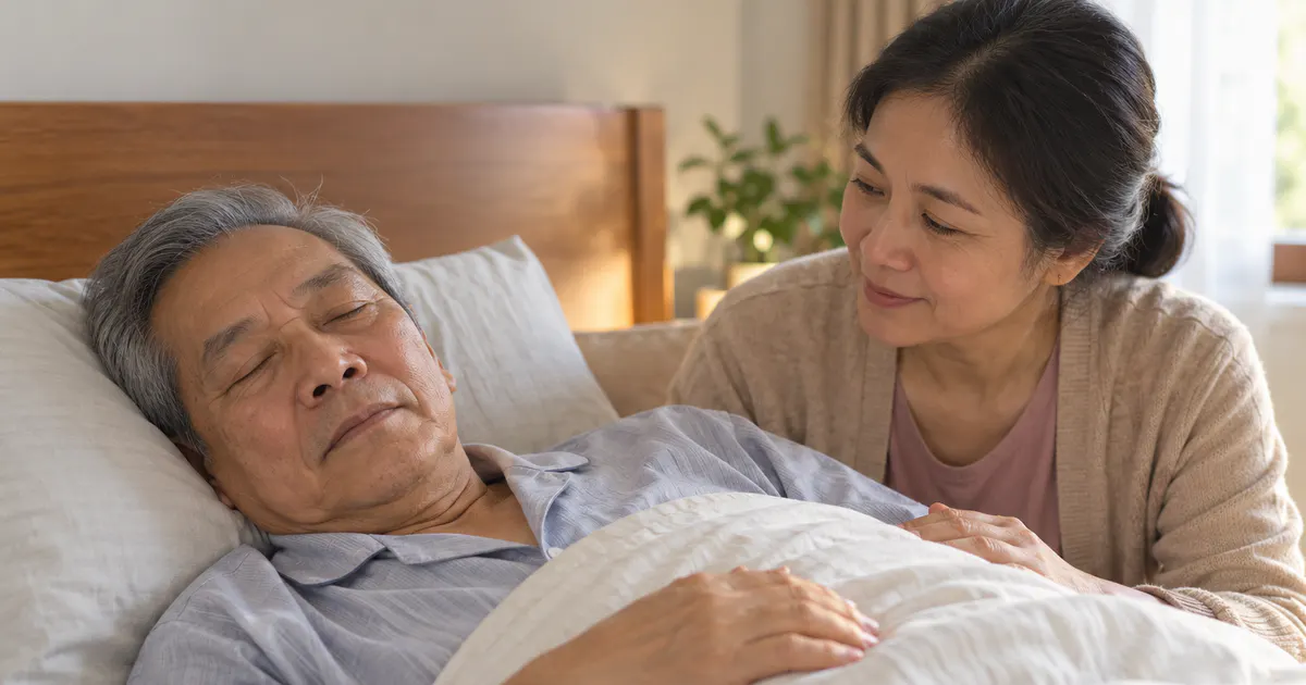 Người già ngủ nhiều ban ngày trong phòng ngủ yên tĩnh, người chăm sóc theo dõi an toàn