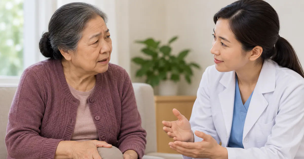 Người cao tuổi trao đổi với nhân viên y tế về đau khớp kéo dài