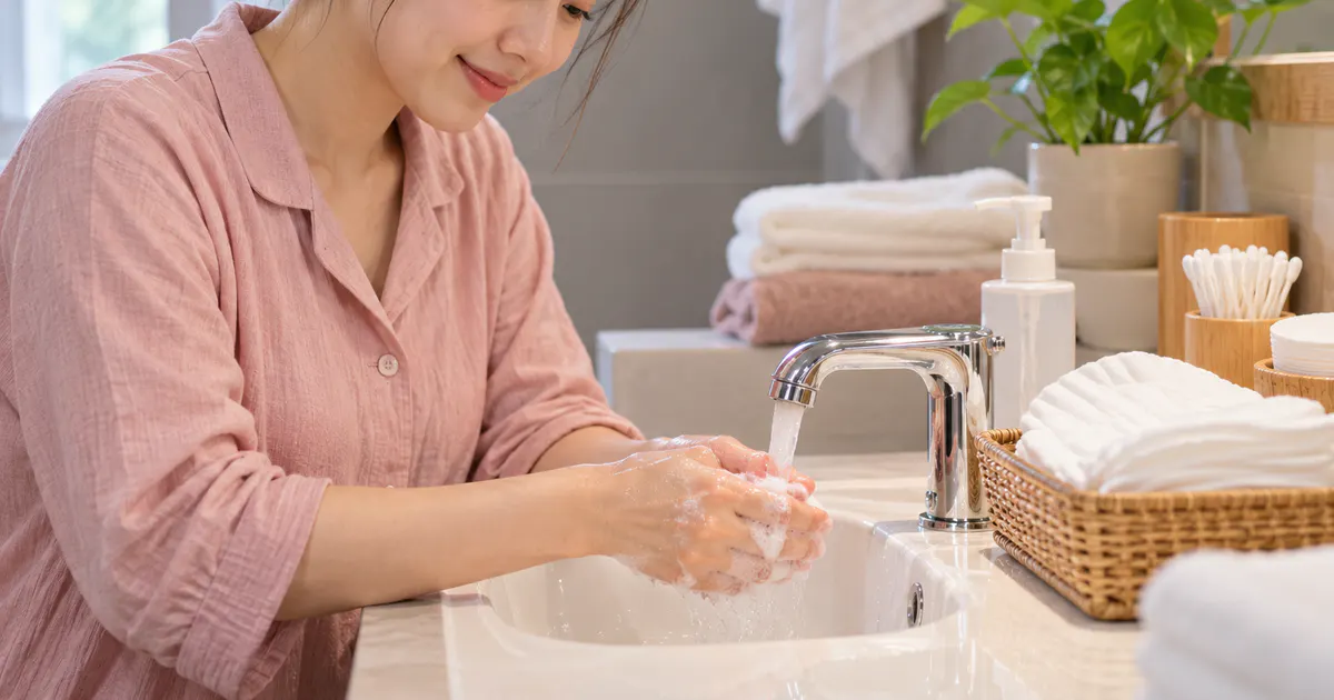 Mẹ sau sinh thực hiện vệ sinh tay và chăm sóc cá nhân an toàn