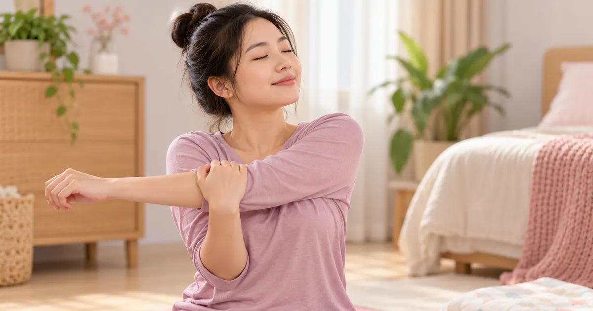 Minh họa mẹ sau sinh thường tập thở và giãn cơ nhẹ nhàng