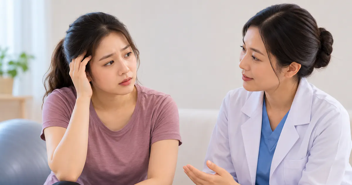 Minh họa mẹ sau sinh dừng tập và trao đổi với nhân viên y tế khi có dấu hiệu bất thường