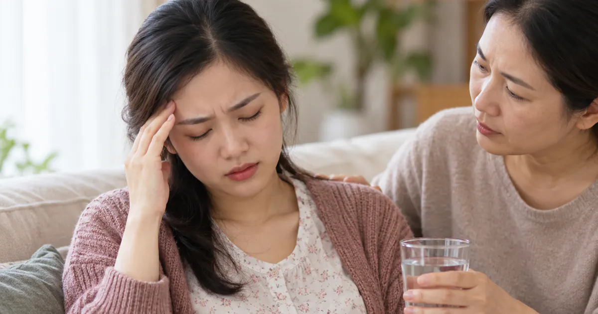 Mẹ sau sinh bị đau đầu chóng mặt đang ngồi nghỉ và được người thân hỗ trợ an toàn