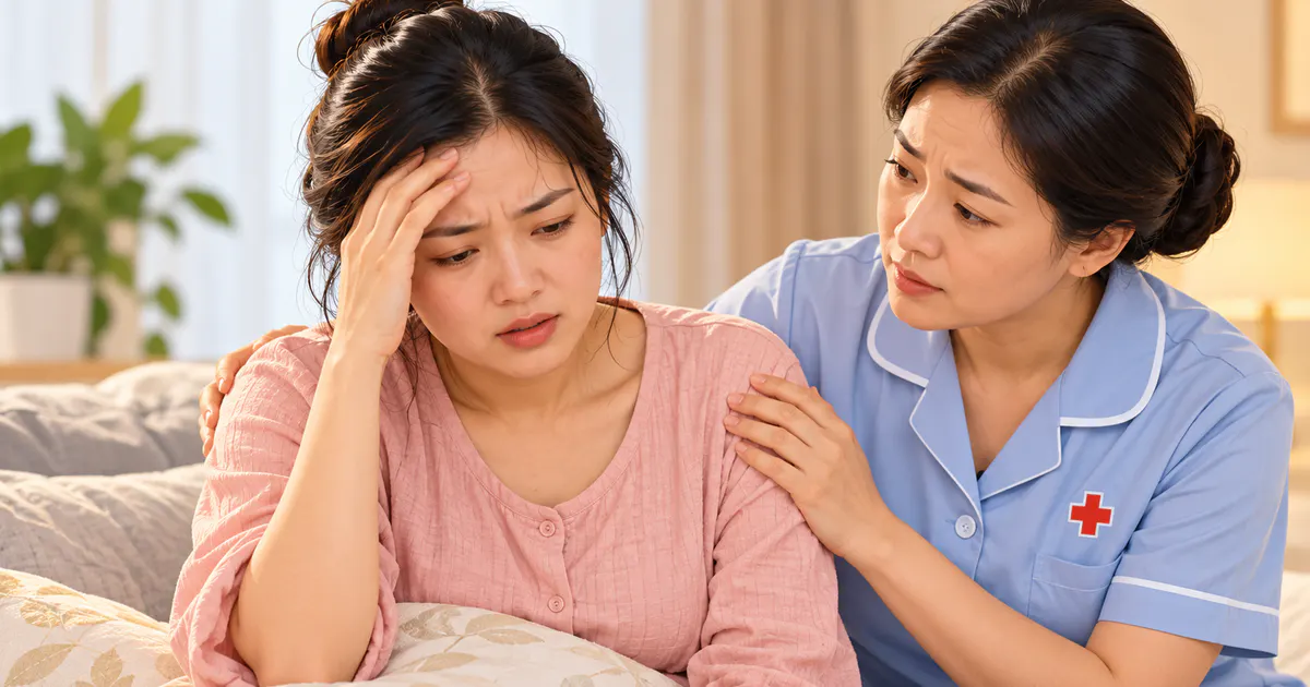 Minh họa người thân hỗ trợ mẹ sau sinh khi có dấu hiệu cần đi khám ngay