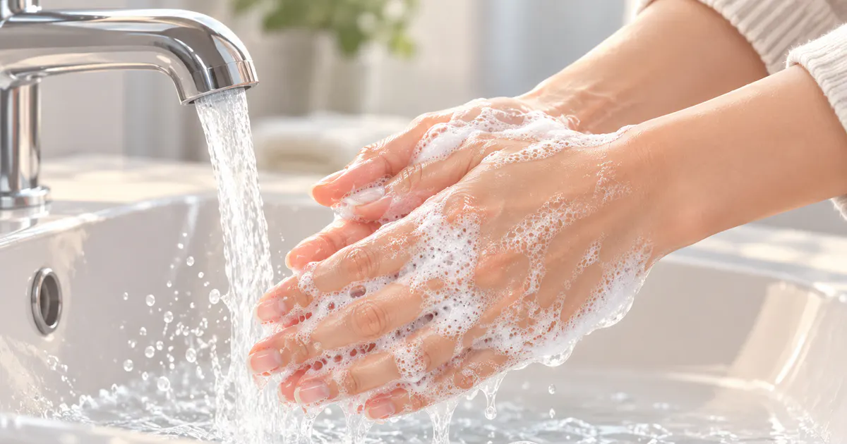 Minh họa rửa tay nhẹ nhàng để giảm khô da
