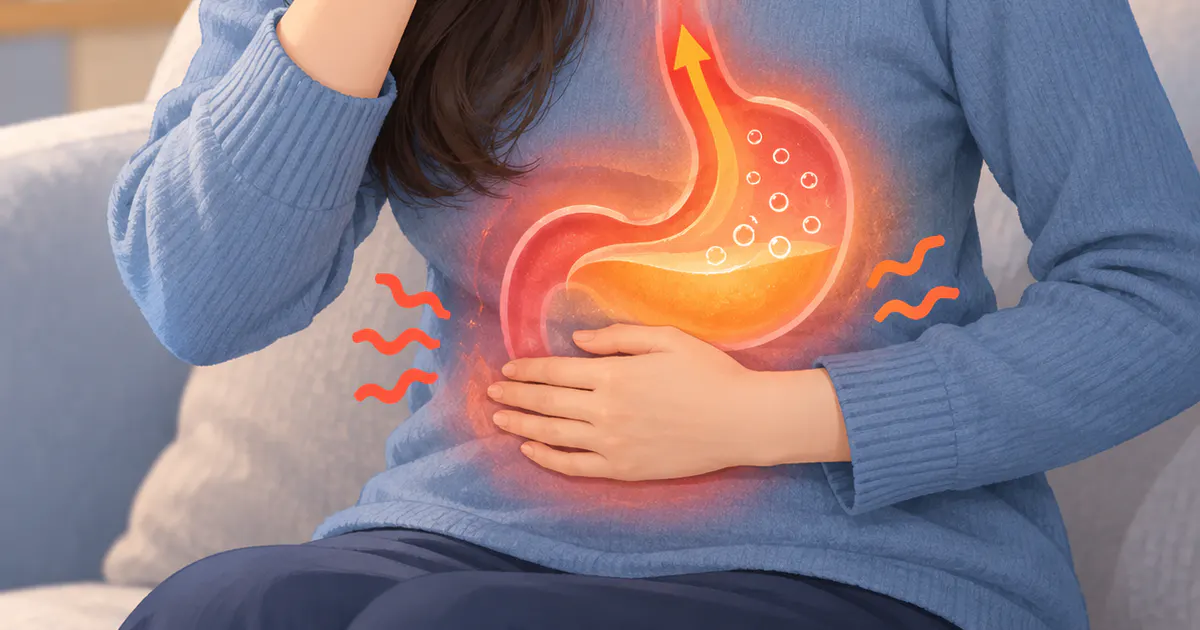 Minh họa các dấu hiệu đầy bụng, buồn nôn và ợ chua thường được liên hệ với tràn dịch dạ dày