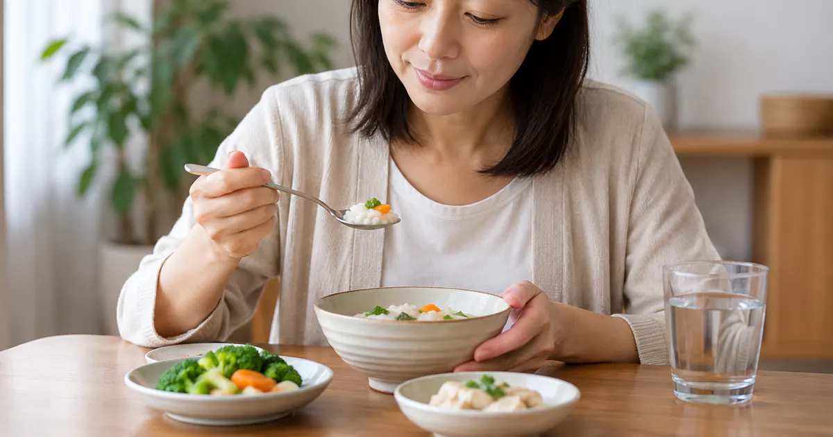 Người bệnh ăn chậm và uống nước vừa đủ để chăm sóc tiêu hóa an toàn