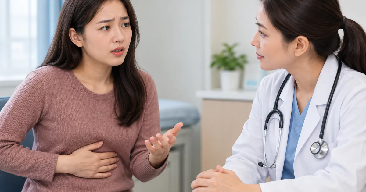 Minh họa người có triệu chứng dạ dày trao đổi với nhân viên y tế khi cần đi khám