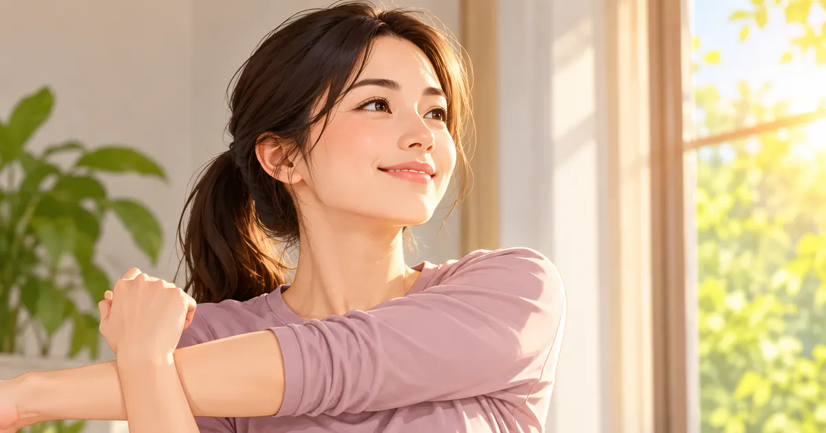 Minh họa người tập giãn cơ nhẹ trước bữa sáng