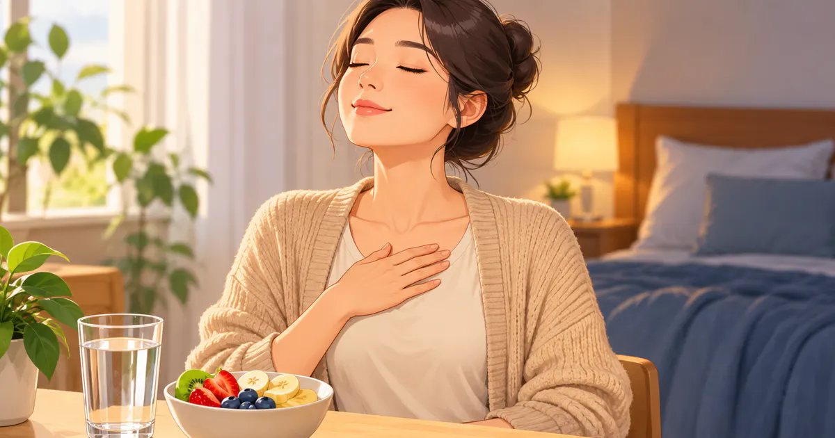 Minh họa thói quen lành mạnh với nước, trái cây và khoảng nghỉ hỗ trợ sự tập trung