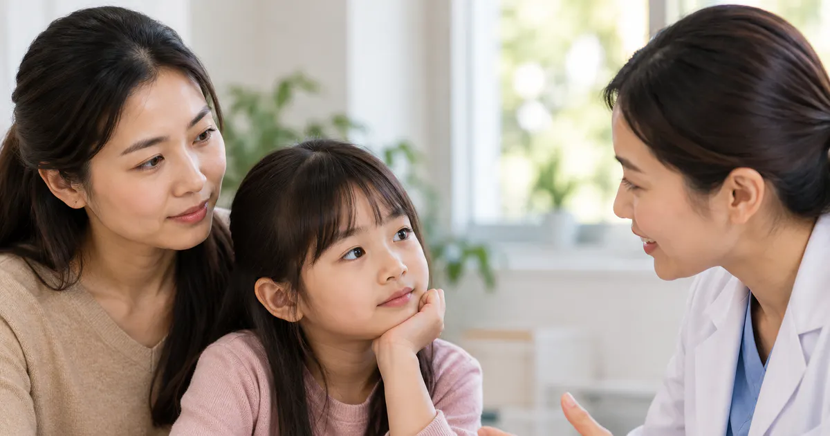 Cha mẹ cùng trẻ trao đổi về thuốc bổ não tăng cường trí nhớ cho trẻ em với nhân viên y tế